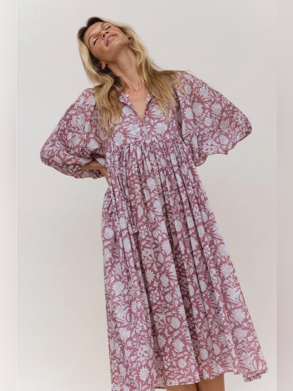 Daughters of India Pink & White Floral Cotton Midi Dress